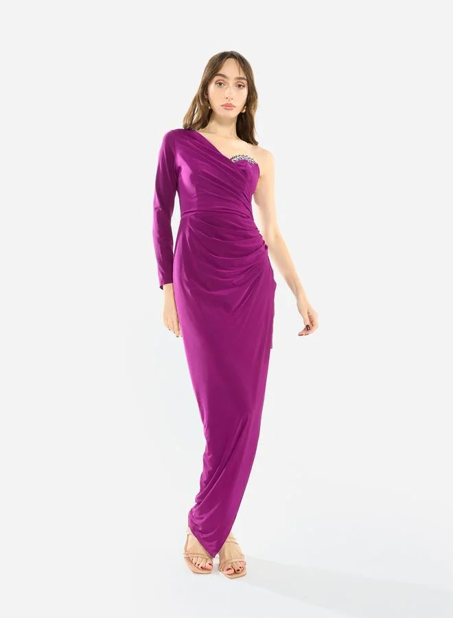 House of Moda Women Crystal Accent Ruched Gown Maxi Dress